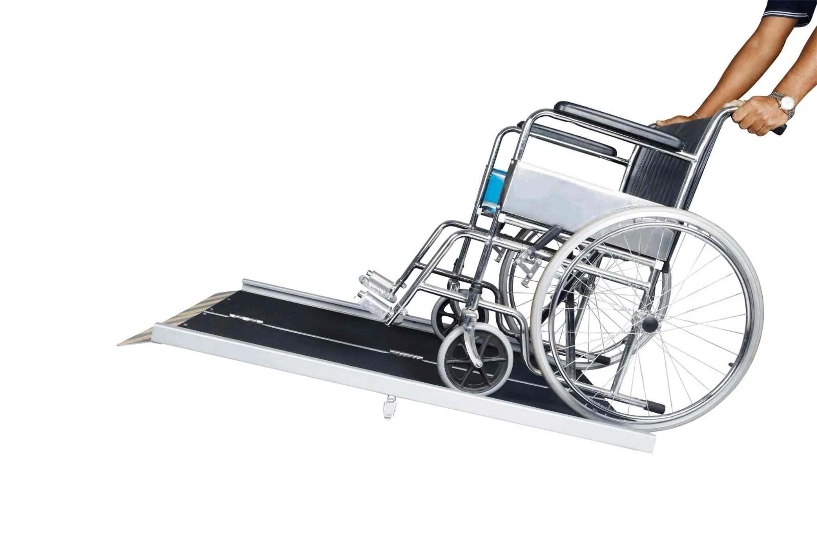 Foldable suitcase-style wheelchair ramp set up at a home entrance